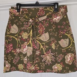Spartina 449 Olive Floral Tie-Front Mini Skirt with Pink & Cream Blooms